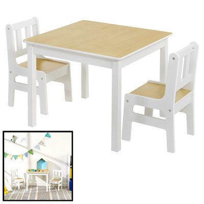 Decopatent Kindertafel met stoeltjes van hout - 1 tafel en 2 stoelen voor kinderen - Wit met hout - Kleurtafel / speeltafel / knutseltafel / tekentafel / zitgroep set - Decopatent®