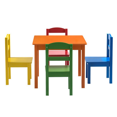 Decopatent Kindertafel met stoeltjes van hout - 1 tafel en 4 stoelen voor kinderen - Rood, blauw, groen geel, oranje - Kleurtafel / speeltafel / knutseltafel / tekentafel / zitgroep set - Decopatent®