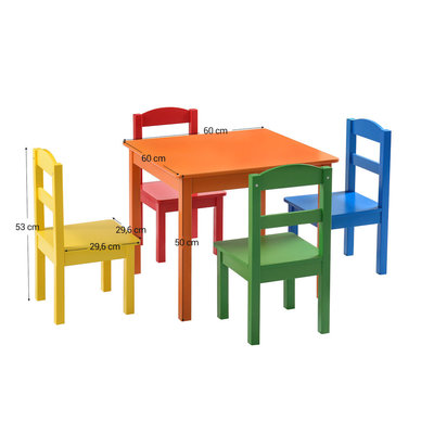 Decopatent Kindertafel met stoeltjes van hout - 1 tafel en 4 stoelen voor kinderen - Rood, blauw, groen geel, oranje - Kleurtafel / speeltafel / knutseltafel / tekentafel / zitgroep set - Decopatent®