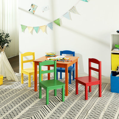 Decopatent Kindertafel met stoeltjes van hout - 1 tafel en 4 stoelen voor kinderen - Rood, blauw, groen geel, oranje - Kleurtafel / speeltafel / knutseltafel / tekentafel / zitgroep set - Decopatent®