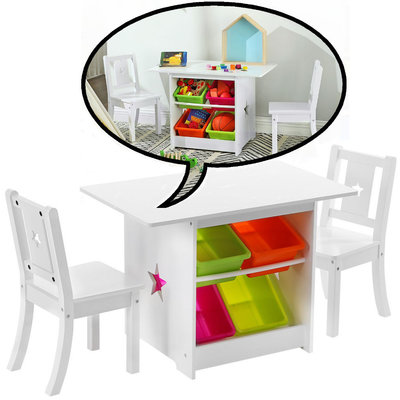 Decopatent Kindertafel met stoeltjes van hout - 1 tafel en 2 stoelen voor kinderen - Met veel opbergruimte - Kleurtafel / speeltafel / knutseltafel / tekentafel / zitgroep set - Decopatent®