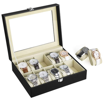 Decopatent Luxe horlogebox voor 10 horloges - Heren en Dames horloge box - Horlogedoos / horlogekist in zwart met beige - PU leer - Decopatent®