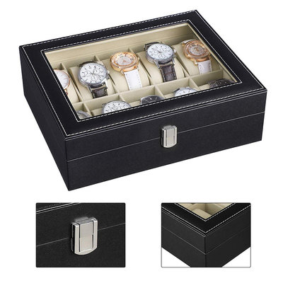 Decopatent Luxe horlogebox voor 10 horloges - Heren en Dames horloge box - Horlogedoos / horlogekist in zwart met beige - PU leer - Decopatent®