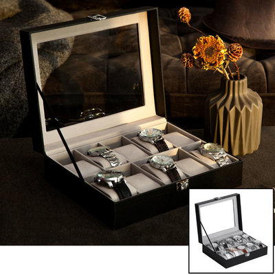 Decopatent Luxe horlogebox voor 10 horloges - Heren en Dames horloge box - Horlogedoos / horlogekist in zwart met grijs - PU leer - Decopatent®