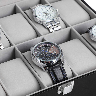 Decopatent Luxe horlogebox voor 10 horloges - Heren en Dames horloge box - Horlogedoos / horlogekist in zwart met grijs - PU leer - Decopatent®