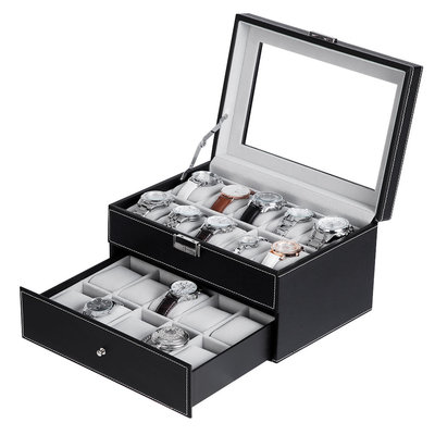 Decopatent Luxe horlogebox voor 20 horloges - Heren en Dames horloge box - Grote horlogedoos / horlogekist in zwart met grijs - PU leer - XXL 2 etages - Decopatent®