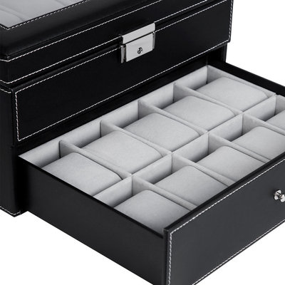 Decopatent Luxe horlogebox voor 20 horloges - Heren en Dames horloge box - Grote horlogedoos / horlogekist in zwart met grijs - PU leer - XXL 2 etages - Decopatent®