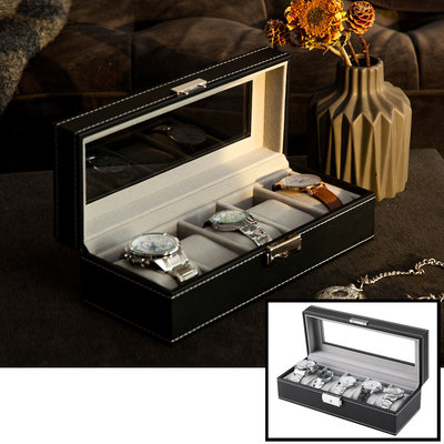 Decopatent Luxe horlogebox voor 5 horloges - Heren en Dames horloge box - Horlogedoos / horlogekist in zwart met grijs - PU leer - Decopatent®