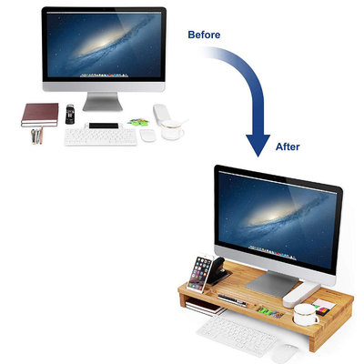 Decopatent Monitorstandaard van bamboe hout - Monitor beeldscherm verhoger en bureau organizer – 2 in 1 - Met vakje voor telefoon en pennenbak - Monitorverhoger van Decopatent®