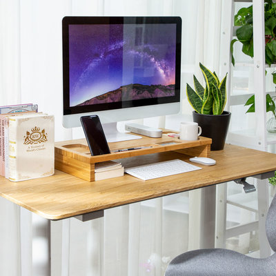 Decopatent Monitorstandaard van bamboe hout - Monitor beeldscherm verhoger en bureau organizer – 2 in 1 - Met vakje voor telefoon en pennenbak - Monitorverhoger van Decopatent®