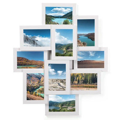 Decopatent Fotolijst collage - 10 foto’s van 10 x 15 cm - Collagelijst Wit - Hangend - Met 10 fotokaders met glasplaatjes – MDF hout - Decopatent®