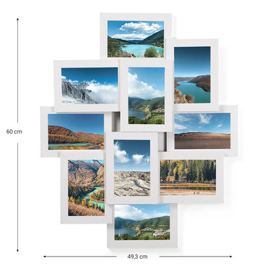 Decopatent Fotolijst collage - 10 foto’s van 10 x 15 cm - Collagelijst Wit - Hangend - Met 10 fotokaders met glasplaatjes – MDF hout - Decopatent®