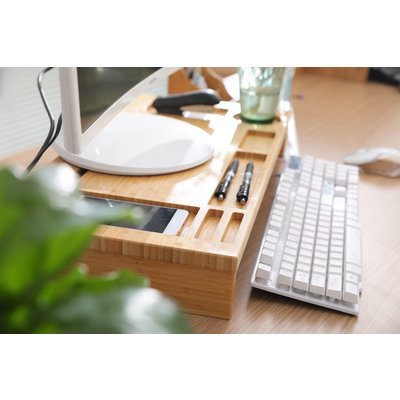 Decopatent Monitor / Laptop beeldscherm verhoger en bureau organizer - Monitorstandaard van bamboe hout - Monitorstandaarden 2 in 1 - Met vakje voor telefoon, beker en pennenbak - Monitorverhoger bureau standaard van Decopatent®