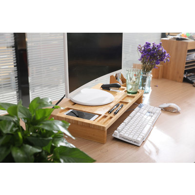 Decopatent Monitor / Laptop beeldscherm verhoger en bureau organizer - Monitorstandaard van bamboe hout - Monitorstandaarden 2 in 1 - Met vakje voor telefoon, beker en pennenbak - Monitorverhoger bureau standaard van Decopatent®