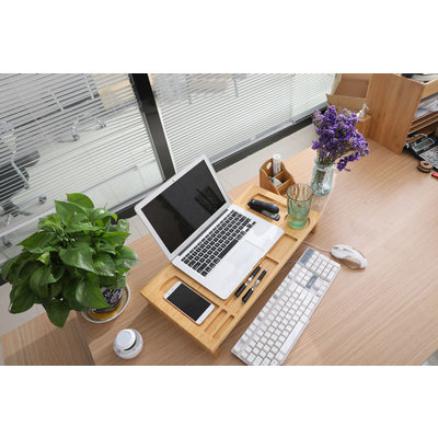 Decopatent Monitor / Laptop beeldscherm verhoger en bureau organizer - Monitorstandaard van bamboe hout - Monitorstandaarden 2 in 1 - Met vakje voor telefoon, beker en pennenbak - Monitorverhoger bureau standaard van Decopatent®