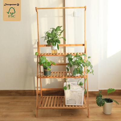 Decopatent Plantenrek van bamboe hout - Plantentrap / bloemenrek voor binnen - Plantenetagere met 3 etages + Stang voor Hangplanten - Staand rek voor planten en bloemen - Decopatent®