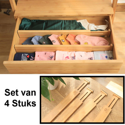 Decopatent Ladeverdelers Uitschuifbaar Bamboe hout - Bamboe Lade Organizer voor Bestek / Keuken / Bureau / Make-Up - Bestekbak - Verstelbare Opbergbak van 34 -> 43.5 Cm. - Set van 4 Stuks - Decopatent®