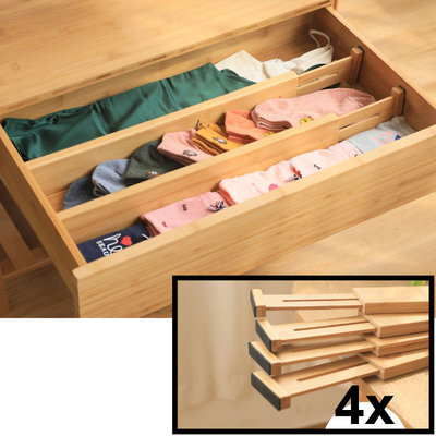 Decopatent Ladeverdelers Uitschuifbaar Bamboe hout - Bamboe Lade Organizer voor Bestek / Keuken / Bureau / Make-Up - Bestekbak - Verstelbare Opbergbak van 45 -> 56.5 Cm.  - Set van 4 Stuks - Decopatent®