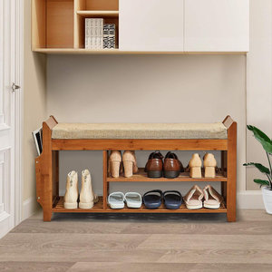 Decopatent Luxe houten Schoenenbank met Zitkussen en Opbergvak voor paraplu's + Opberglade - Voor 8 paar schoenen  - Schoenenrek met 3 legplanken en zitkussen  - Open schoenenrek met veel opberg ruimte - 98,5 cm breed - Decopatent®