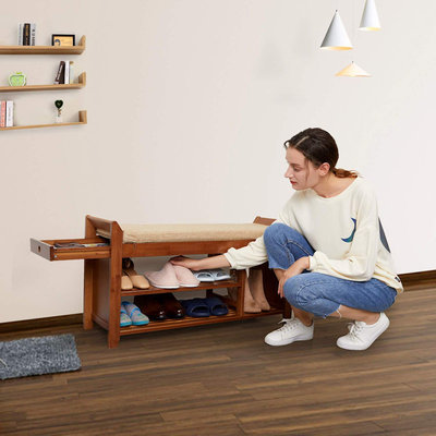 Decopatent Luxe houten Schoenenbank met Zitkussen en Opbergvak voor paraplu's + Opberglade - Voor 8 paar schoenen  - Schoenenrek met 3 legplanken en zitkussen  - Open schoenenrek met veel opberg ruimte - 98,5 cm breed - Decopatent®
