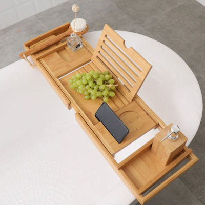 Decopatent Luxe Bamboe Badrekje Uitschuifbaar met Boekenhouder / Tablethouder - Uitschuifbaar badrek van: 75 tot 110 cm - Bamboe Hout - Badplank met Boekenhouder + Plaats voor Kaars en Glas Wijn - Bamboe kleur