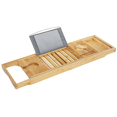 Decopatent Verstelbaar bamboe badrekje voor over bad – 70 tot 106,5 cm lang – Badplank / badbrug geschikt voor telefoon, tablet, boek – Bad tafeltje van hout - Decopatent