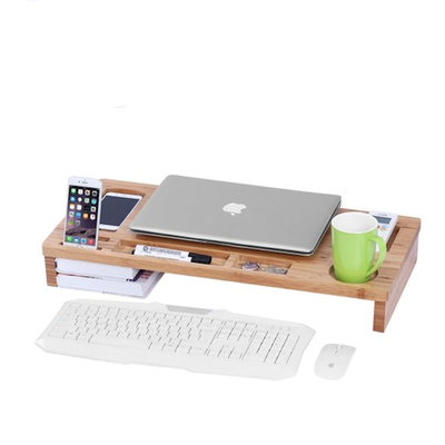 Decopatent Monitor / Laptop beeldscherm verhoger en bureau organizer - Monitorstandaard van bamboe hout - Monitorstandaarden 2 in 1 - Met vakje voor telefoon, beker en pennenbak - Monitorverhoger bureau standaard van Decopatent®