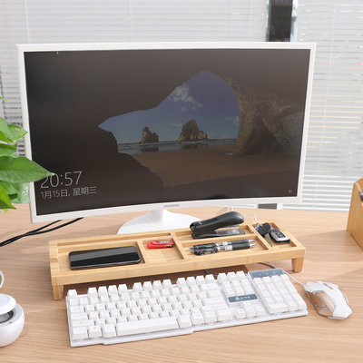 Decopatent Monitorstandaard - Monitor / Laptop beeldscherm verhoger en bureau organizer - bamboe hout - Monitorstandaarden 2 in 1 - Met vakje voor telefoon, beker en pennenbak - Monitorverhoger bureau standaard van Decopatent®