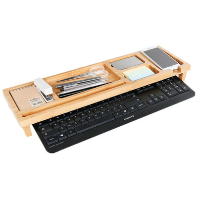 Decopatent Monitorstandaard - Monitor / Laptop beeldscherm verhoger en bureau organizer - bamboe hout - Monitorstandaarden 2 in 1 - Met vakje voor telefoon, beker en pennenbak - Monitorverhoger bureau standaard van Decopatent®