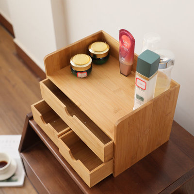 Decopatent Luxe make-up organizer met 3 Lades voor Creme potjes, Flacons, Make up, Lippenstift, Borstel, Kwastjes etc. - organizer make up bamboe hout - make up toren - cosmetica organiser met schuiflade- cosmeticahouder - Decopatent®