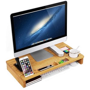 Decopatent Monitorstandaard van bamboe hout - Monitor beeldscherm verhoger en bureau organizer – 2 in 1 - Met vakje voor telefoon en pennenbak - Monitorverhoger van Decopatent®