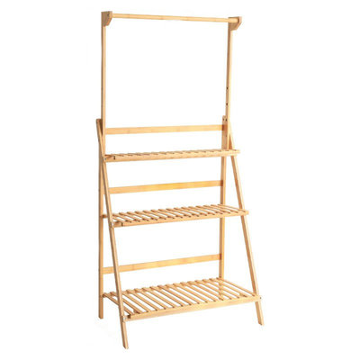 Decopatent Plantenrek van bamboe hout - Plantentrap / bloemenrek voor binnen - Plantenetagere met 3 etages + Stang voor Hangplanten - Staand rek voor planten en bloemen - Decopatent®