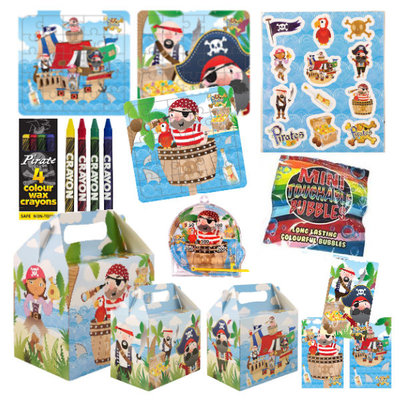 Henbrandt 10 STUKS | LUXE PIRATEN Traktatie Doos INCLUSIEF Uitdeel Kado's. Bestaande uit: Uitdeelbox, Krijtjes, Notitieblok, Flipperspel, Puzzel, Stickervel en Bellenblaas | Jongens | Tractatiedozen voor Verjaardagen en Kinderfeestjes