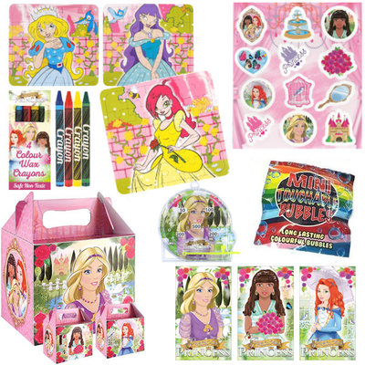 Henbrandt 10 STUKS | LUXE PRINSESSEN Traktatie Doos INCLUSIEF Uitdeel Kado's. Bestaande uit: Uitdeelbox, Krijtjes, Notitieblok, Flipperspel, Puzzel, Stickervel en Bellenblaas | Meisjes | Tractatiedozen voor Verjaardagen en Kinderfeestjes