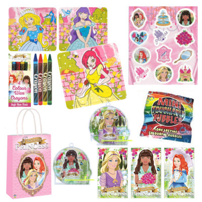 Henbrandt 10 STUKS | LUXE PRINSESSEN Traktatie Tas INCLUSIEF Uitdeel Kado's. Bestaande uit: Tasje, Krijtjes, Notitieblok, Flipperspel, Puzzel, Stickervel en Bellenblaas | Meisjes | Tractatiedozen voor Verjaardagen en Kinderfeestjes