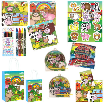 Henbrandt 10 STUKS | LUXE BOERDERIJ Traktatie Tas INCLUSIEF Uitdeel Kado's. Bestaande uit: Tasje, Krijtjes, Notitieblok, Flipperspel, Puzzel, Stickervel en Bellenblaas | Jongens & Meisjes| Tractatiedozen voor Verjaardagen en Kinderfeestjes