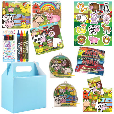 Henbrandt 10 STUKS | LUXE BOERDERIJ Traktatie BLAUWE Doos INCLUSIEF Uitdeel Kado's. Bestaande uit: Uitdeelbox, Krijtjes, Notitieblok, Flipperspel, Puzzel, Stickervel en Bellenblaas | Jongens & Meisjes | Tractatiedozen voor Verjaardagen en Kinderfeestjes