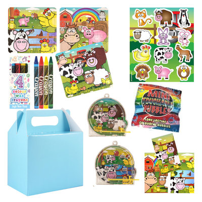 Henbrandt 10 STUKS | LUXE BOERDERIJ Traktatie BLAUWE Doos INCLUSIEF Uitdeel Kado's. Bestaande uit: Uitdeelbox, Krijtjes, Notitieblok, Flipperspel, Puzzel, Stickervel en Bellenblaas | Jongens & Meisjes | Tractatiedozen voor Verjaardagen en Kinderfeestjes