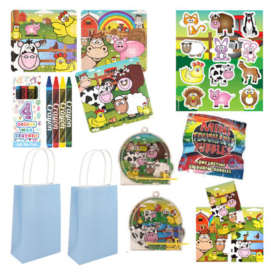 Henbrandt 10 STUKS | LUXE BOERDERIJ Traktatie BLAUWE Tas INCLUSIEF Uitdeel Kado's. Bestaande uit: Tasje, Krijtjes, Notitieblok, Flipperspel, Puzzel, Stickervel en Bellenblaas | Jongens & Meisjes| Tractatiedozen voor Verjaardagen en Kinderfeestjes