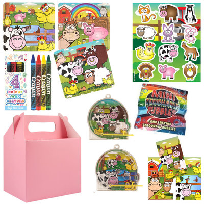 Henbrandt 10 STUKS | LUXE BOERDERIJ Traktatie ROSE Doos INCLUSIEF Uitdeel Kado's. Bestaande uit: Uitdeelbox, Krijtjes, Notitieblok, Flipperspel, Puzzel, Stickervel en Bellenblaas | Jongens & Meisjes | Tractatiedozen voor Verjaardagen en Kinderfeestjes