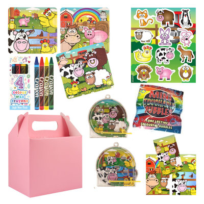 Henbrandt 10 STUKS | LUXE BOERDERIJ Traktatie ROSE Doos INCLUSIEF Uitdeel Kado's. Bestaande uit: Uitdeelbox, Krijtjes, Notitieblok, Flipperspel, Puzzel, Stickervel en Bellenblaas | Jongens & Meisjes | Tractatiedozen voor Verjaardagen en Kinderfeestjes