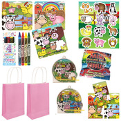 Henbrandt 10 STUKS | LUXE BOERDERIJ Traktatie ROSE Tas INCLUSIEF Uitdeel Kado's. Bestaande uit: Tasje, Krijtjes, Notitieblok, Flipperspel, Puzzel, Stickervel en Bellenblaas | Jongens & Meisjes| Tractatiedozen voor Verjaardagen en Kinderfeestjes