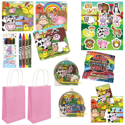 Henbrandt 10 STUKS | LUXE BOERDERIJ Traktatie ROSE Tas INCLUSIEF Uitdeel Kado's. Bestaande uit: Tasje, Krijtjes, Notitieblok, Flipperspel, Puzzel, Stickervel en Bellenblaas | Jongens & Meisjes| Tractatiedozen voor Verjaardagen en Kinderfeestjes