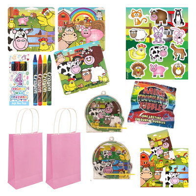 Henbrandt 10 STUKS | LUXE BOERDERIJ Traktatie ROSE Tas INCLUSIEF Uitdeel Kado's. Bestaande uit: Tasje, Krijtjes, Notitieblok, Flipperspel, Puzzel, Stickervel en Bellenblaas | Jongens & Meisjes| Tractatiedozen voor Verjaardagen en Kinderfeestjes