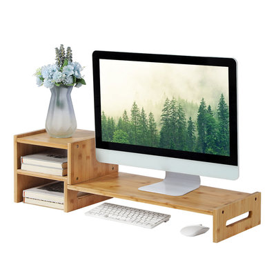 Decopatent Monitorstandaard van bamboe hout - Beeldscherm verhoger en bureau organizer - Monitorstandaard met vakje voor telefoon, beker en pennenbak - Monitorverhoger bureau standaard van Decopatent®