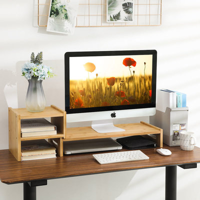 Decopatent Monitorstandaard van bamboe hout - Beeldscherm verhoger en bureau organizer - Monitorstandaard met vakje voor telefoon, beker en pennenbak - Monitorverhoger bureau standaard van Decopatent®