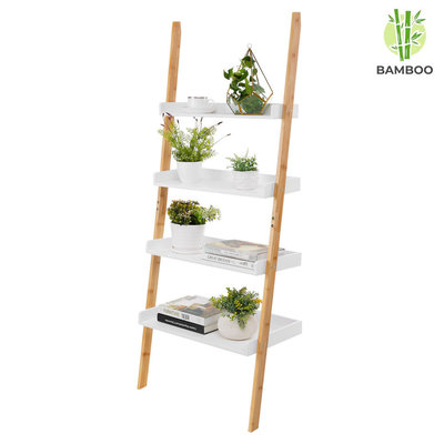 Decopatent Ladderrek van bamboe hout - Houten decoratie ladder - Open ladderkast / bamboe ladder / plantentrap / boekenkast / traprek / ladder rek - luxe opbergrek met 4 treden - Wit - Decopatent®