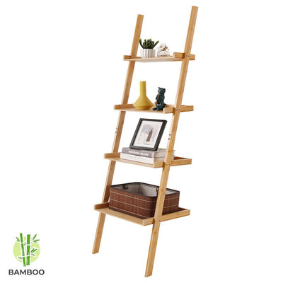 Decopatent Ladderrek van bamboe hout - Houten decoratie ladder - Open ladderkast / bamboe ladder / plantentrap / boekenkast / traprek / ladder rek - luxe opbergrek met 4 treden - Decopatent®