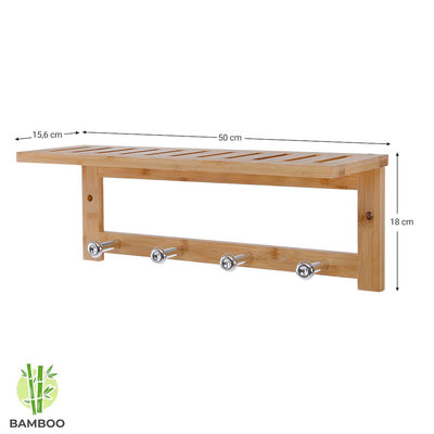 Decopatent Wandkapstok van bamboe hout met 4 haken & Legplank - Houten wandrek - Kapstok voor aan de Muur of Wand 4 Haaks - Garderoberek - Hangende kapstok voor badkamer, hal, gaderobe - Decopatent®