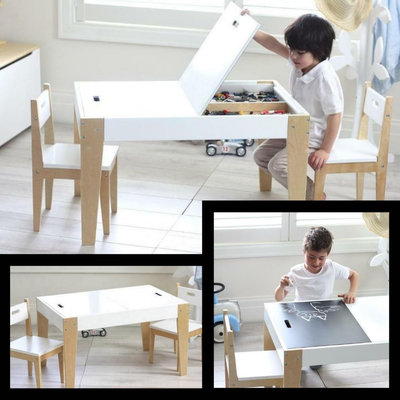 Decopatent Kindertafel met stoeltjes van hout - 1 tafel en 2 stoelen voor kinderen - Met veel opbergruimte - Kleurtafel / speeltafel / knutseltafel / tekentafel / krijt tafel / zitgroep set - Decopatent®